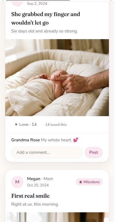 A private feed your family checks in on — with reactions and comments from your circle