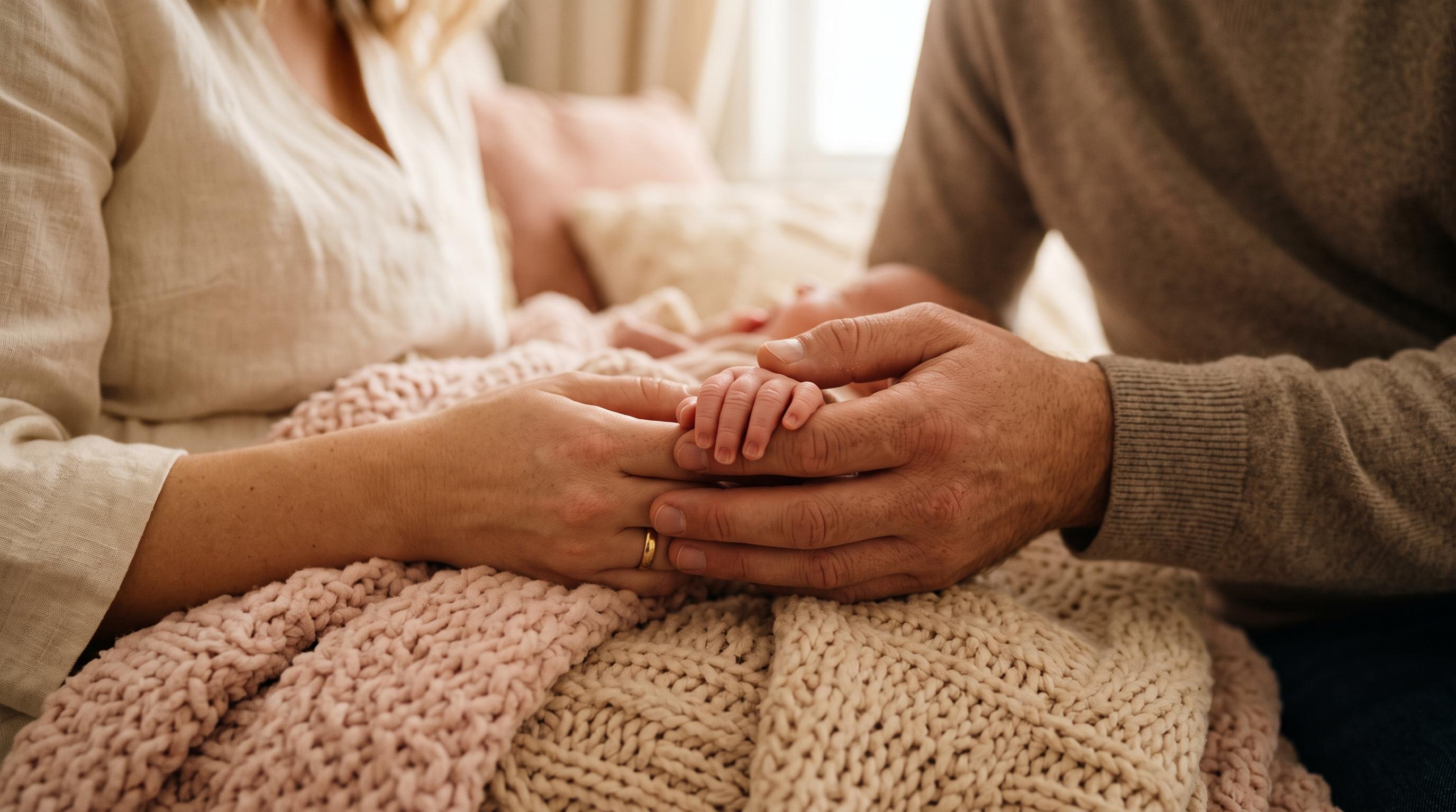 A parent cradling a newborn's hand